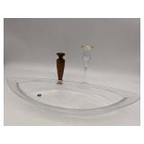 Lovely Vintage Crystal and Wood Collection-Cristalleria Europa Bowl Wooden Candlestick Etched Crystal and Gold Leaf Candlestick