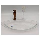 Lovely Vintage Crystal and Wood Collection-Cristalleria Europa Bowl Wooden Candlestick Etched Crystal and Gold Leaf Candlestick