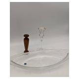 Lovely Vintage Crystal and Wood Collection-Cristalleria Europa Bowl Wooden Candlestick Etched Crystal and Gold Leaf Candlestick