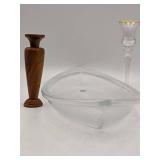 Lovely Vintage Crystal and Wood Collection-Cristalleria Europa Bowl Wooden Candlestick Etched Crystal and Gold Leaf Candlestick
