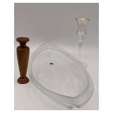Lovely Vintage Crystal and Wood Collection-Cristalleria Europa Bowl Wooden Candlestick Etched Crystal and Gold Leaf Candlestick