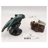 2 Vintage Blue Mountain Pottery Ceramic Dolphins & Glass Sperm Whale