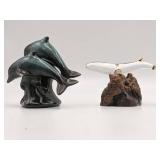 2 Vintage Blue Mountain Pottery Ceramic Dolphins & Glass Sperm Whale
