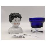 Vintage Hand Blown Glass Cobalt Blue Glass/Vase & Porcelain Doll Head