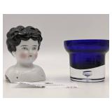 Vintage Hand Blown Glass Cobalt Blue Glass/Vase & Porcelain Doll Head