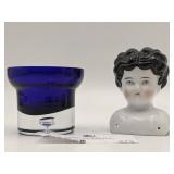Vintage Hand Blown Glass Cobalt Blue Glass/Vase & Porcelain Doll Head