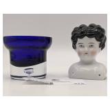 Vintage Hand Blown Glass Cobalt Blue Glass/Vase & Porcelain Doll Head