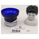 Vintage Hand Blown Glass Cobalt Blue Glass/Vase & Porcelain Doll Head