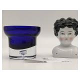 Vintage Hand Blown Glass Cobalt Blue Glass/Vase & Porcelain Doll Head