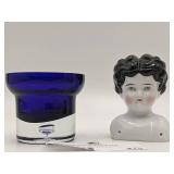 Vintage Hand Blown Glass Cobalt Blue Glass/Vase & Porcelain Doll Head