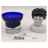 Vintage Hand Blown Glass Cobalt Blue Glass/Vase & Porcelain Doll Head