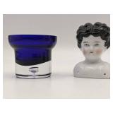 Vintage Hand Blown Glass Cobalt Blue Glass/Vase & Porcelain Doll Head