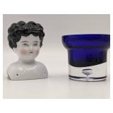Vintage Hand Blown Glass Cobalt Blue Glass/Vase & Porcelain Doll Head