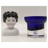 Vintage Hand Blown Glass Cobalt Blue Glass/Vase & Porcelain Doll Head