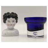 Vintage Hand Blown Glass Cobalt Blue Glass/Vase & Porcelain Doll Head