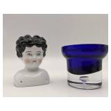 Vintage Hand Blown Glass Cobalt Blue Glass/Vase & Porcelain Doll Head