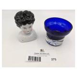 Vintage Hand Blown Glass Cobalt Blue Glass/Vase & Porcelain Doll Head
