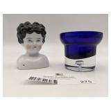Vintage Hand Blown Glass Cobalt Blue Glass/Vase & Porcelain Doll Head