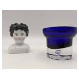 Vintage Hand Blown Glass Cobalt Blue Glass/Vase & Porcelain Doll Head