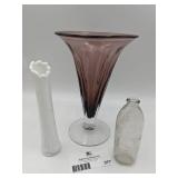 Vintage Milk Glass Bud Vase, Purple and Clear Vase, Clear Medicine Bottle