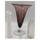 Vintage Milk Glass Bud Vase, Purple and Clear Vase, Clear Medicine Bottle