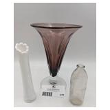 Vintage Milk Glass Bud Vase, Purple and Clear Vase, Clear Medicine Bottle