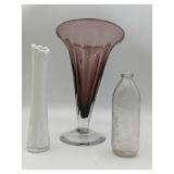 Vintage Milk Glass Bud Vase, Purple and Clear Vase, Clear Medicine Bottle
