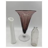 Vintage Milk Glass Bud Vase, Purple and Clear Vase, Clear Medicine Bottle