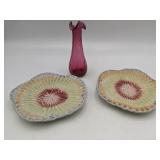 Hand Blown Ruffle Bud Vase and 2 F. Mendes Caldas Portugal Plates