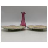 Hand Blown Ruffle Bud Vase and 2 F. Mendes Caldas Portugal Plates