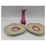 Hand Blown Ruffle Bud Vase and 2 F. Mendes Caldas Portugal Plates