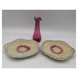 Hand Blown Ruffle Bud Vase and 2 F. Mendes Caldas Portugal Plates