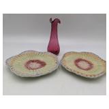 Hand Blown Ruffle Bud Vase and 2 F. Mendes Caldas Portugal Plates