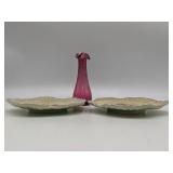 Hand Blown Ruffle Bud Vase and 2 F. Mendes Caldas Portugal Plates