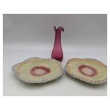 Hand Blown Ruffle Bud Vase and 2 F. Mendes Caldas Portugal Plates