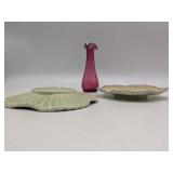 Hand Blown Ruffle Bud Vase and 2 F. Mendes Caldas Portugal Plates