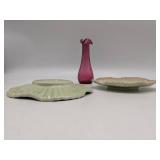 Hand Blown Ruffle Bud Vase and 2 F. Mendes Caldas Portugal Plates