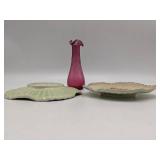 Hand Blown Ruffle Bud Vase and 2 F. Mendes Caldas Portugal Plates