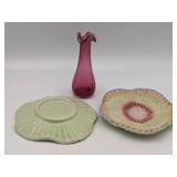 Hand Blown Ruffle Bud Vase and 2 F. Mendes Caldas Portugal Plates