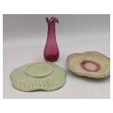 Hand Blown Ruffle Bud Vase and 2 F. Mendes Caldas Portugal Plates