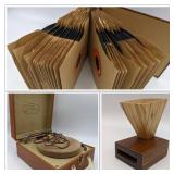 Home Stereo Collection- Vintage Symphonie Suitcase Record Player &Wooden Cell Phone Amplifier, Vintage 45 Records Set