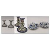2 Rare Ceramika Artystyczna Polish Candlesticks, Pewter Candlesticks, Blue Onion Porcelain Candlesticks
