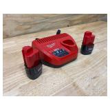 MILWAUKEE M12 12-Volt Lithium-Ion Battery Charger with 2- M12 12-Volt Lithium-Ion Compact Battery Packs (1.5Ah)