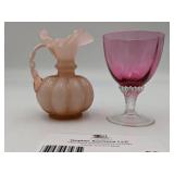 1940s Fenton Glass 6" Dusty Rose Pitcher and George Borgfeldt Lisa Cranberry Wine Glass