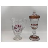 Rare Vintage Hofbauer Glass Pitcher From The Ruby Byrdes Collection & Waterford Glass Urn with Top