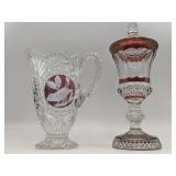 Rare Vintage Hofbauer Glass Pitcher From The Ruby Byrdes Collection & Waterford Glass Urn with Top