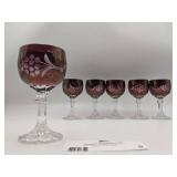 Set of 6 Beautiful Vintage Cut Crystal Ruby Wine Glasses