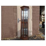 2 Gorgeous Curio Cabinets-Phillip Reinisch Oak Corner Curio Cabinet 72" x 19" x 9.5"x 9.5"x 9.5"  and 30" x 14.5" x 6.5" Wall Curio Cabinet