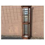 2 Gorgeous Curio Cabinets-Phillip Reinisch Oak Corner Curio Cabinet 72" x 19" x 9.5"x 9.5"x 9.5"  and 30" x 14.5" x 6.5" Wall Curio Cabinet