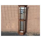 2 Gorgeous Curio Cabinets-Phillip Reinisch Oak Corner Curio Cabinet 72" x 19" x 9.5"x 9.5"x 9.5"  and 30" x 14.5" x 6.5" Wall Curio Cabinet